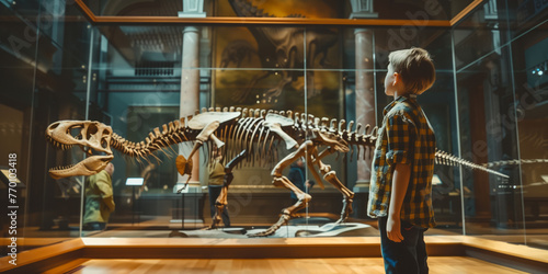 Child looking at the skeleton of an ancient dinosaur in the museum of paleontology. Little boy watching at dinosaur bones. © MNStudio