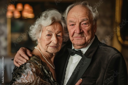 A senior couple poses closely together in formal attire, conveying a sense of love and partnership