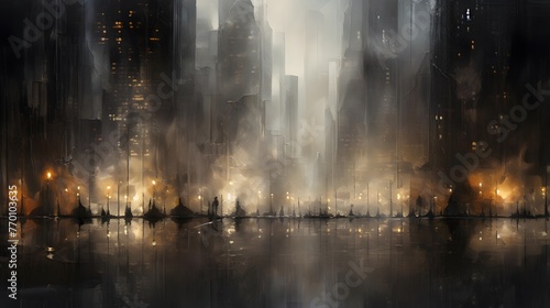 Foggy night city panorama. Cityscape with fog and lights.
