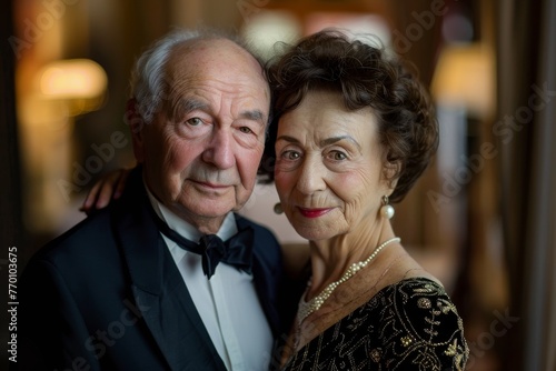 A sophisticated older couple in formal outfits gazing affectionately, natural light from a window