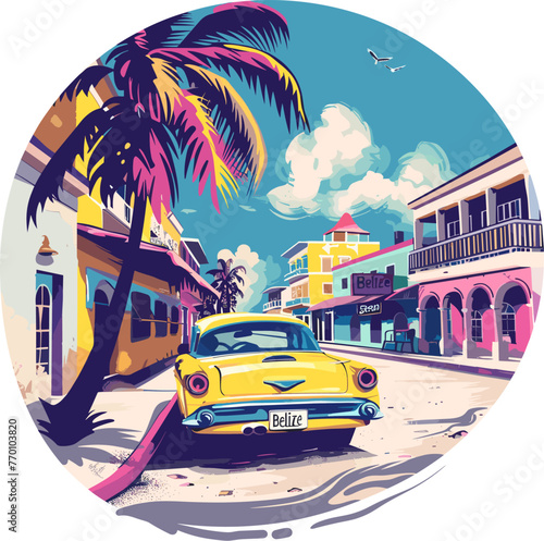A yellow car is parked on the side of a street in a tropical city Belize