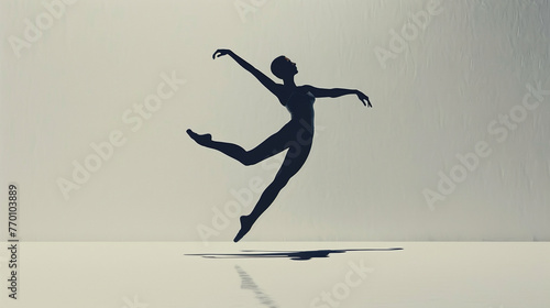 A minimalist silhouette of a ballet dancer on pointe  with a subtle shadow to suggest depth  all on a clean white background.