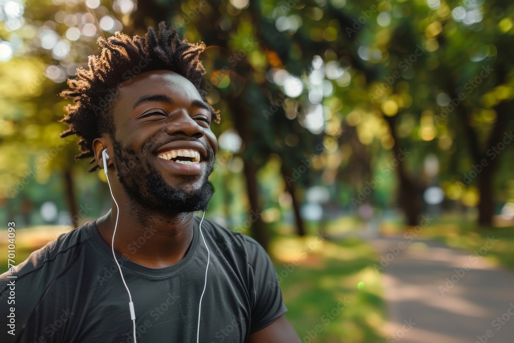 A headless man is shown mid-jog with focus on his headphones and attire, amidst a blurred green park background A headless man is shown mid-jog with focus on his headphones and attire, amidst a blurred green park background