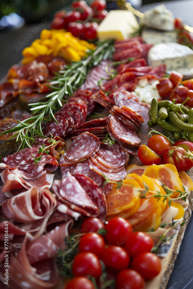 Close-up photo of a gourmet charcuterie board featuring a variety of cured meats, artisan cheeses, and gourmet accompaniments, arranged with artistic flair.