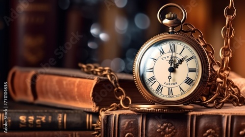 Vintage clock hanging on a chain on the background of old books