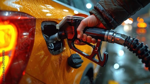 man's hand grips a gasoline fuel nozzle