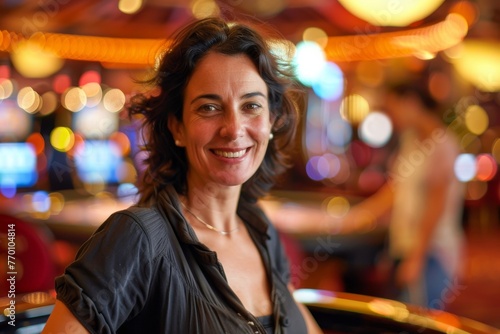 A happy woman with dark hair smiles warmly with a blurred casino background, conveying a sense of leisure and enjoyment