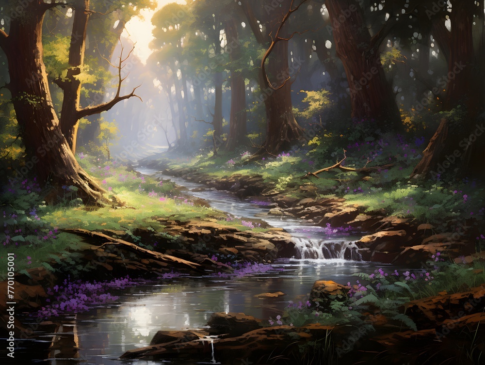 Digital painting of a woodland scene with a stream flowing through it.
