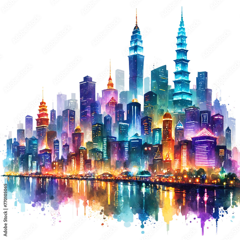 A colorful cityscape featuring a body of water, with a skyline of tall buildings at night. The buildings are illuminated with bright lights, creating a vibrant and lively atmosphere. - obrazy, fototapety, plakaty 