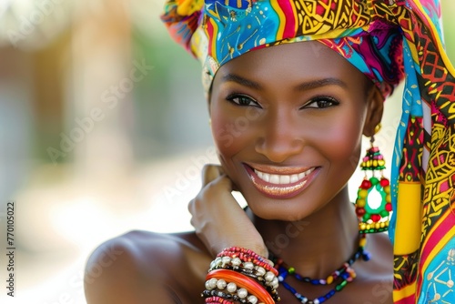 A dazzling smile from a young African woman adorned in colorful traditional garb