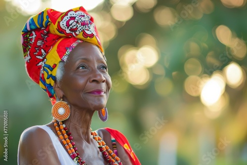 A senior African woman exudes wisdom in colorful cultural attire with a reflective gaze
