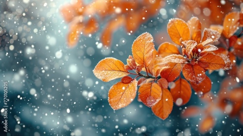 branch with orange and yellow leaves in late fall or early winter under the snow
