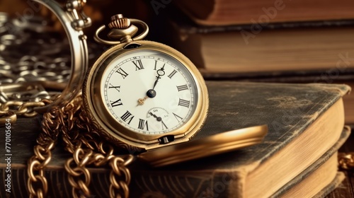 Vintage clock hanging on a chain on the background of old books