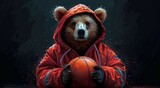 Modern illustration of a bear doll playing basketball on a black background with the slogan 
