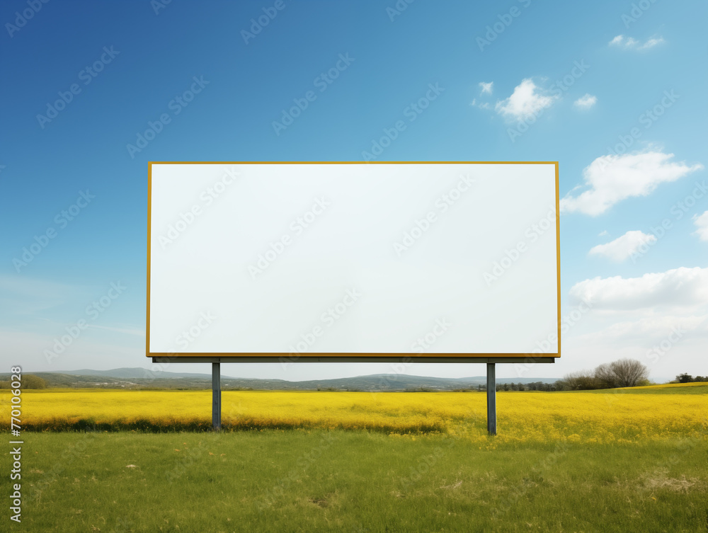 blank white billboard on countryside road with fields and grass background with cloudy sky blank white billboard on countryside road with fields and grass background with cloudy sky