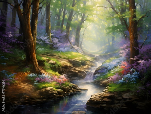 Beautiful spring forest landscape with a stream and blooming azaleas