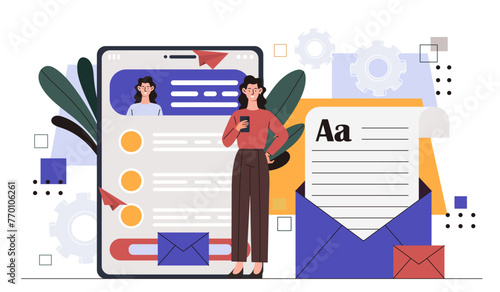 Postman profession online concept. Man send mesage and envelope to girl. Remote communication and interaction. International friendly correspondence. Cartoon flat vector illustration