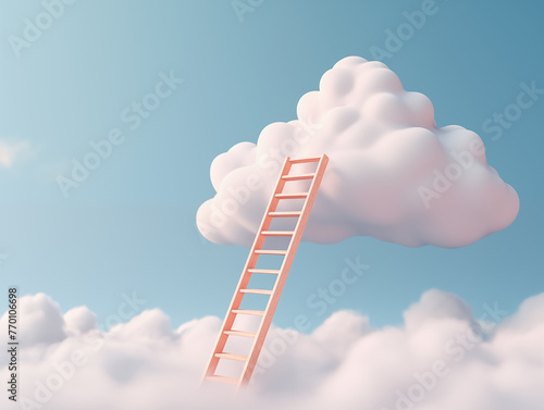 Motivation concept idea of ladder leading up to a puffy cotton cloud on a blue background, Progress and growth up concept
