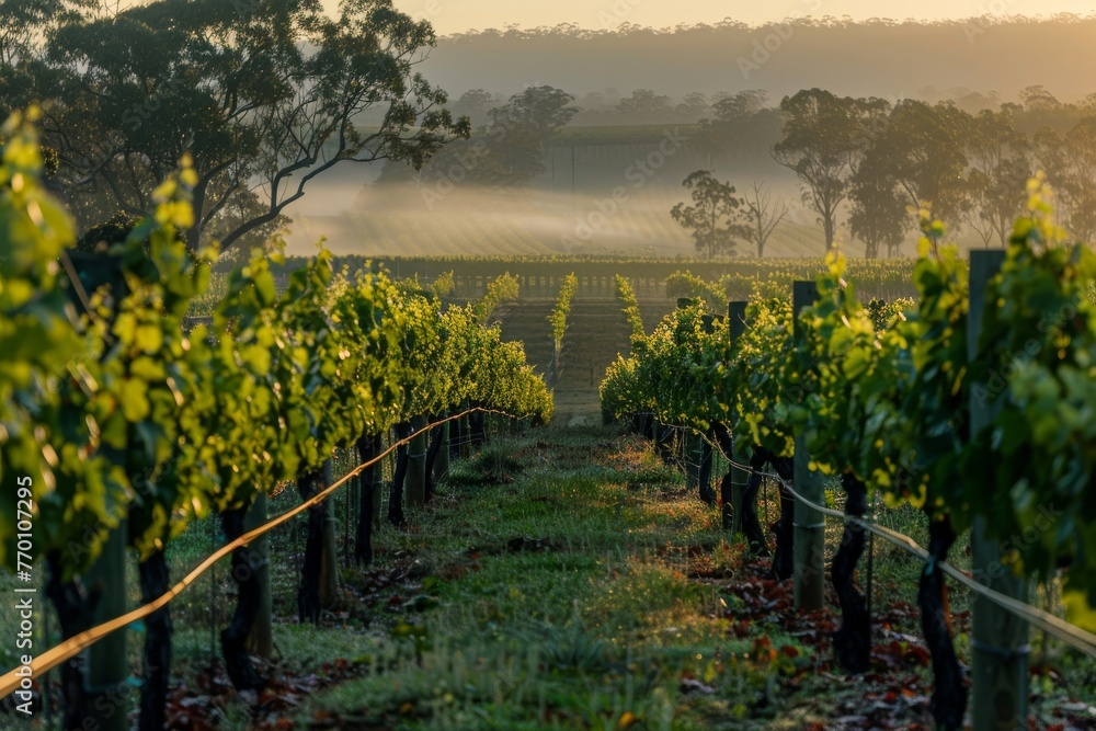 A serene misty morning in a vineyard with sunbeams breaking through, highlighting the lush greenery and tranquil landscape