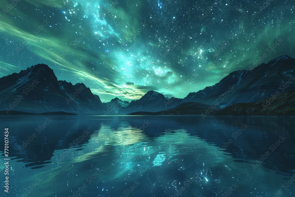 The mystical aurora borealis dances vibrantly over a mirror-like lake, offering a sense of magic and the ethereal