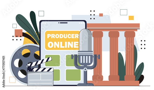 Producer online concept. Microphone with clapperboard and film reel. Cultural rest and leisure. Fun and entertainment. Cartoon flat vector illustration isolated on white background