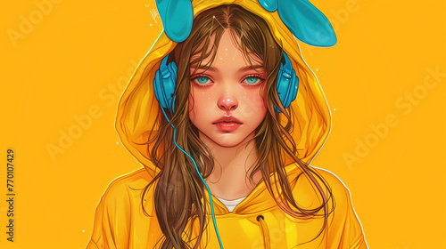 An illustration of a girl with long hair wearing blue bunny headphones against a vibrant orange background.