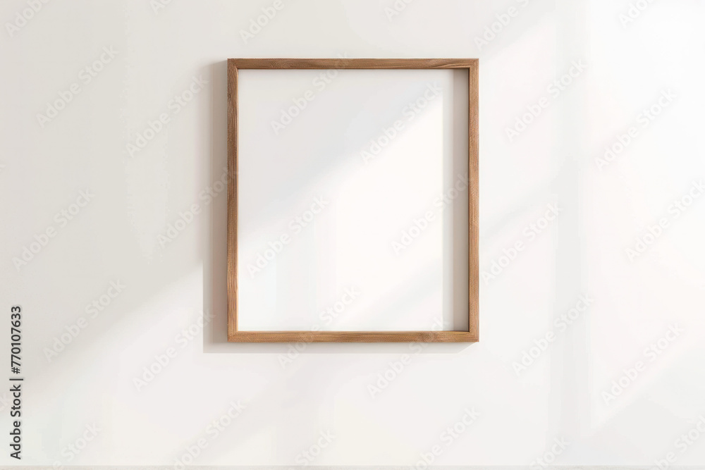 White Wall With Hanging Wooden Frame, Frame Mock Up White Wall With Hanging Wooden Frame, Frame Mock Up