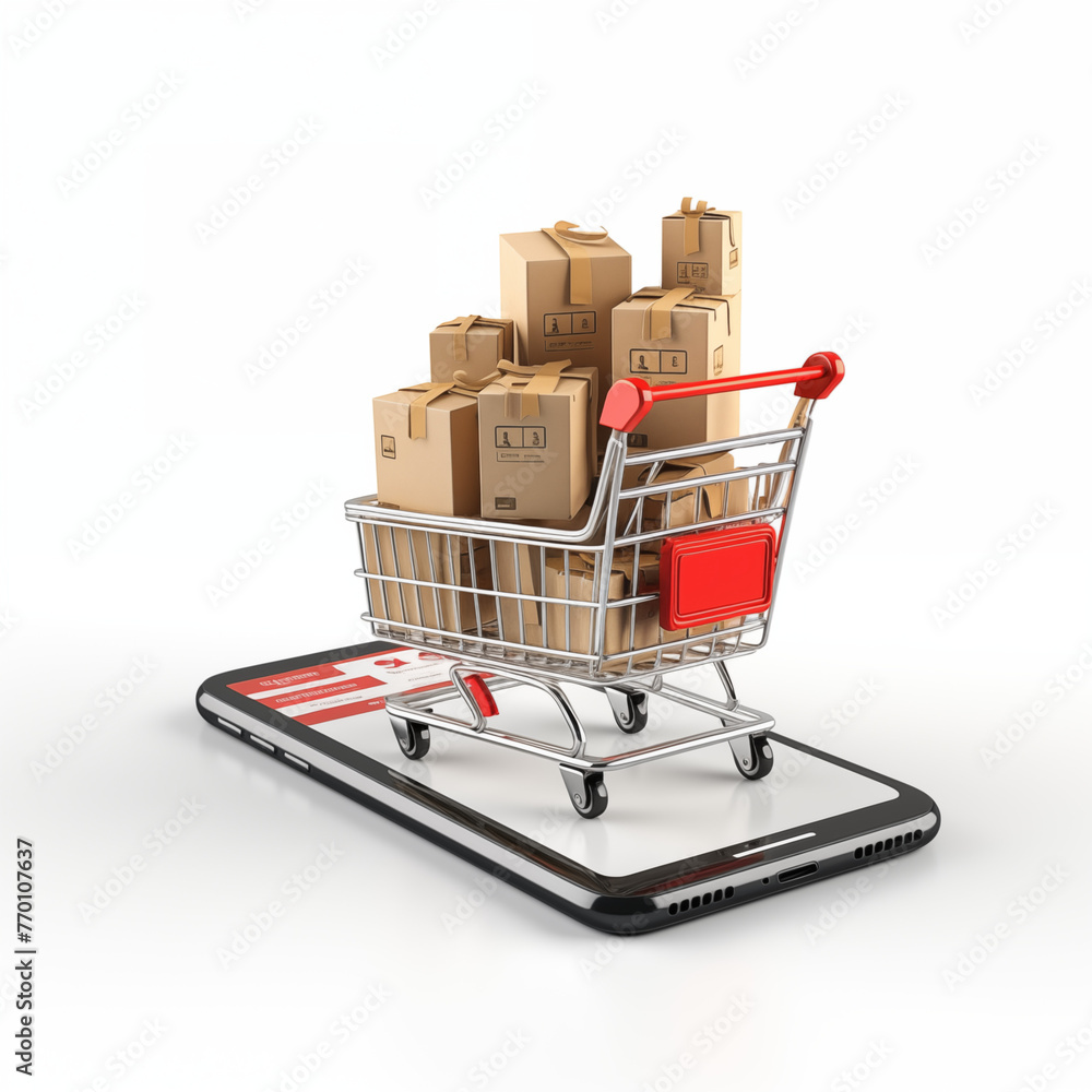 Paper boxes in a trolley with mobile phone on white background, digital shopping and e-commerce concept