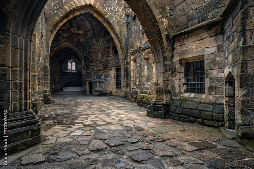 Fototapeta premium An intricate stone archway leads visitors through a historic abbey, invoking a feel of timelessness and reverence