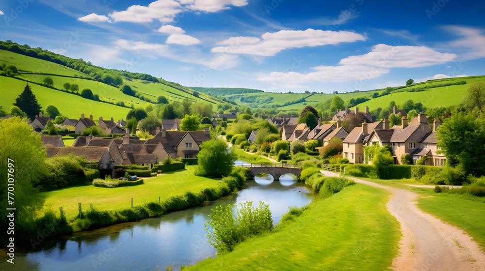 Enthralling Scenic Vista of the English Countryside - The Harmony of Nature and Village Life