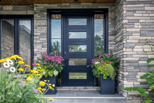 Modern Dark Blue Exterior Door With 5 Glass Panels and Sidelights © Nikki AI