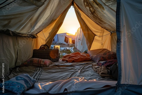 Warm sunrise seen from inside a cozy tent with bedding and a vintage suitcase, depicting a peaceful morning