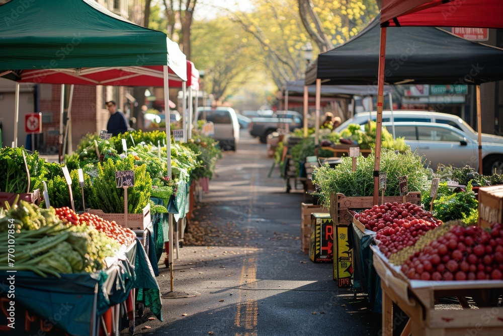 A bustling farmer's market offers a selection of fresh produce under tents, signaling community, health, and local commerce