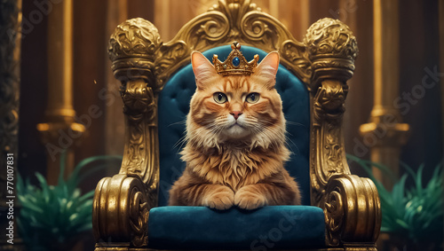 Beautiful cat in a crown on a throne king