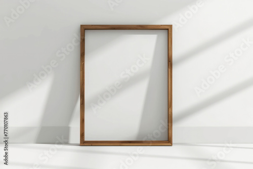 Minimalist Wooden Frame on White Wall, Frame Mock Up