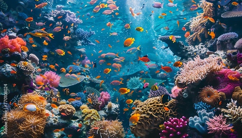 Vibrant coral reef teeming with diverse marine life and colorful fish swimming in blue water © Maksym