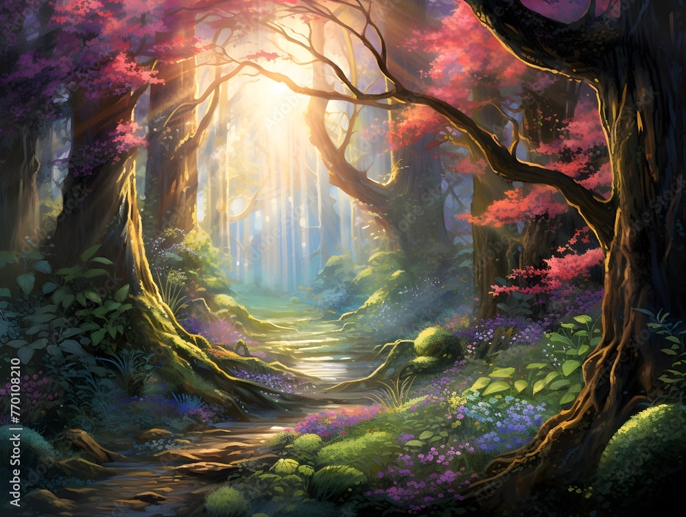 Beautiful fantasy forest with colorful trees and rays of light - digital painting