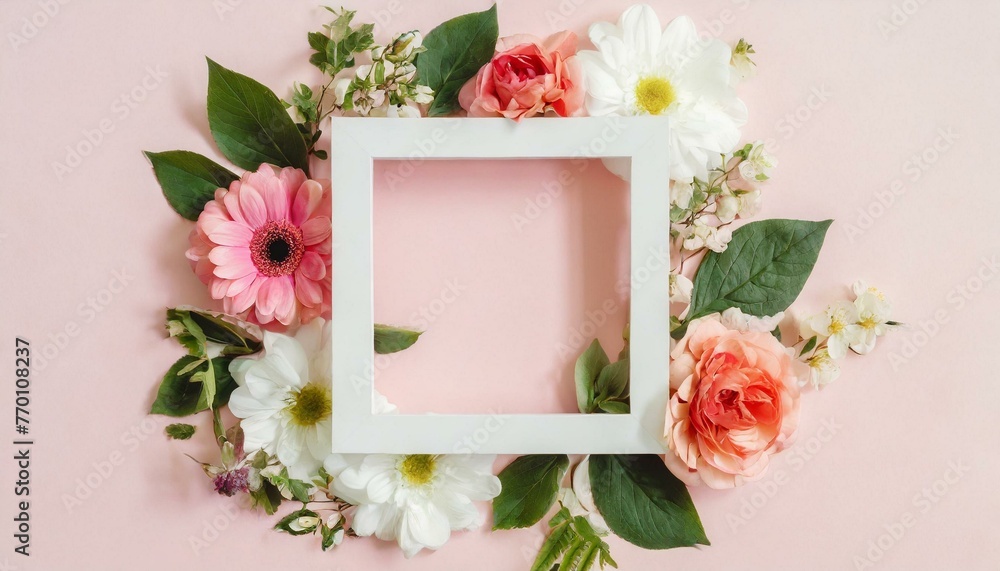 Trendy layout of white square frame on top of flowers on pastel background Trendy layout of white square frame on top of flowers on pastel background