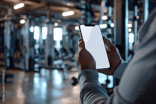 A clear view of a smartphone in use within a gym setting filled with various workout equipment, highlighting the tech in fitness