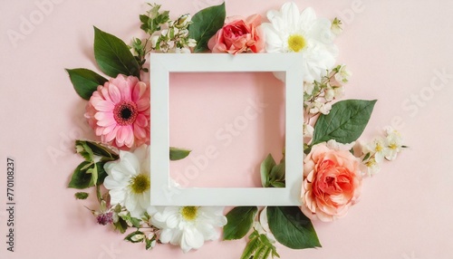 Trendy layout of white square frame on top of flowers on pastel background