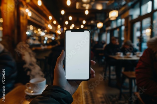 A person's hand holding a cellphone with a white empty screen in the cozy ambiance of a café