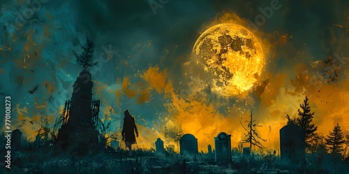 A Spooky Halloween Night: Zombie Rising from Graveyard Under Full Moon. Concept Halloween Photoshoot, Zombie Character, Nighttime Setting, Full Moon, Graveyard Scene