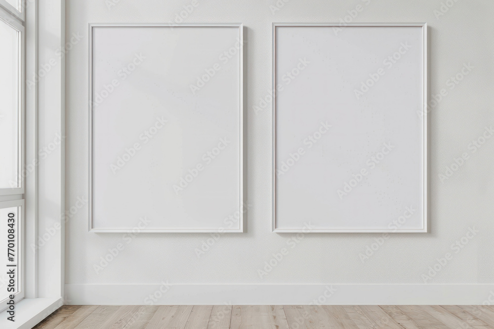 Empty Room With Two White Frames on Wall, Frame Mock up Empty Room With Two White Frames on Wall, Frame Mock up