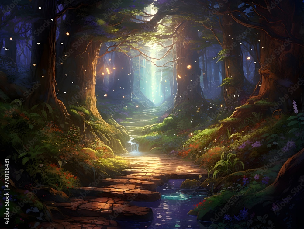 Fantasy landscape with a dark forest and a path in the middle.