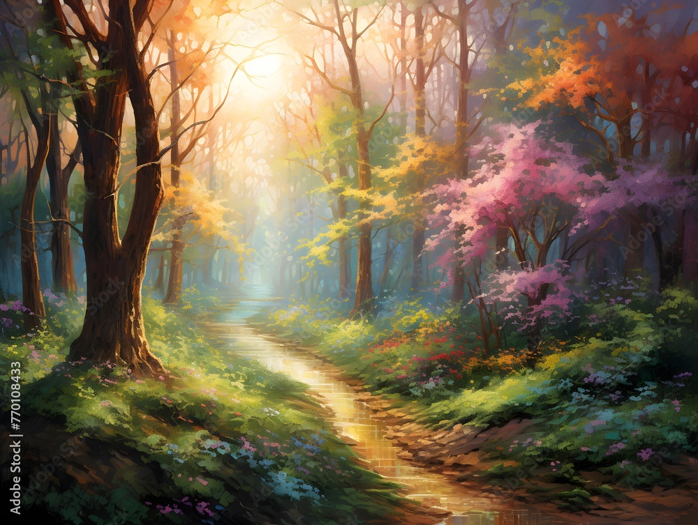 Beautiful spring landscape with a path in the forest. Panorama