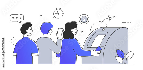 Queue at ATM simple. Men and woman with banking cards. Financial literacy and cashless transfers and transactions, electronic wallet. Doodle flat vector illustration isolated on white background