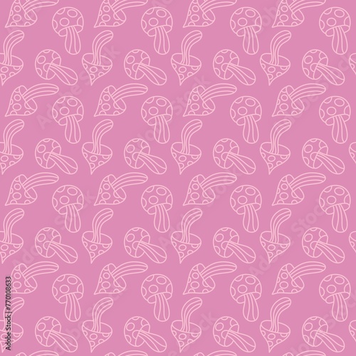 Cartoon autumn harvest seamless Halloween mushrooms with skulls pattern for wrapping paper and fabrics