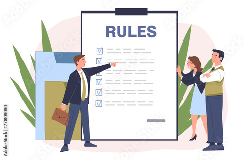 People with rules simple. Men and woman near notepad with tasks. Company corporate people with tasks. Ethical business. Doodle flat vector illustration isolated on white background