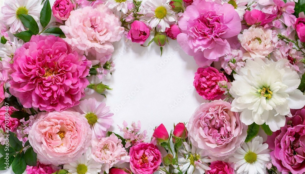Many different pink flower mix frame floral background with white blank clear copy space Many different pink flower mix frame floral background with white blank clear copy space