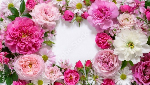 Many different pink flower mix frame floral background with white blank clear copy space